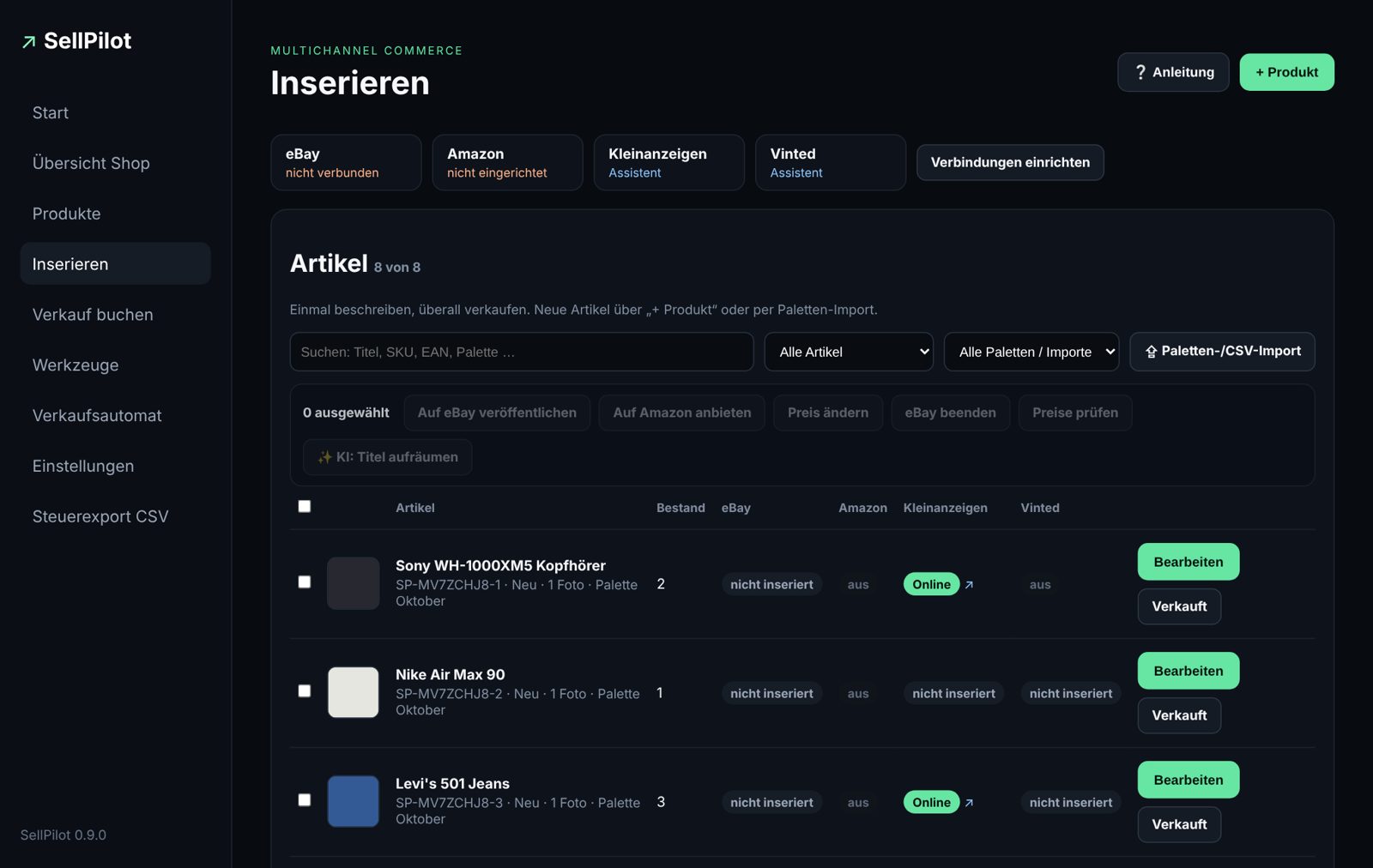 SellPilot-Ansicht „Inserieren“: Artikelliste mit Status je Marktplatz