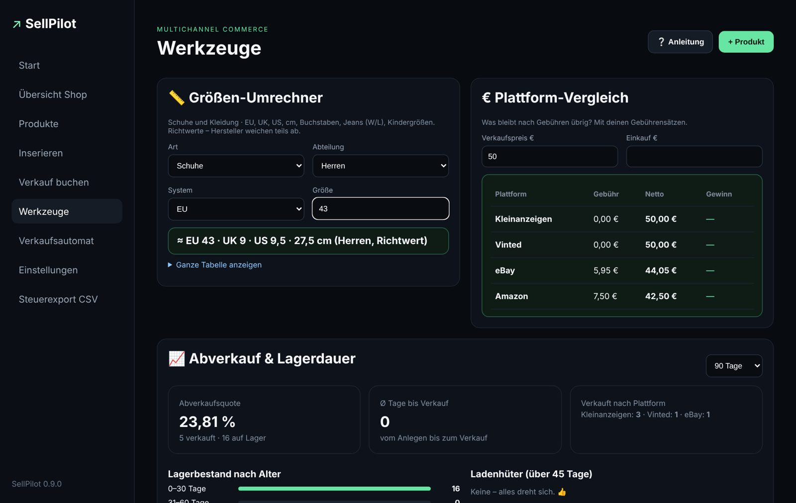 SellPilot-Werkzeuge: Größen-Umrechner, Plattform-Vergleich und Abverkaufsquote